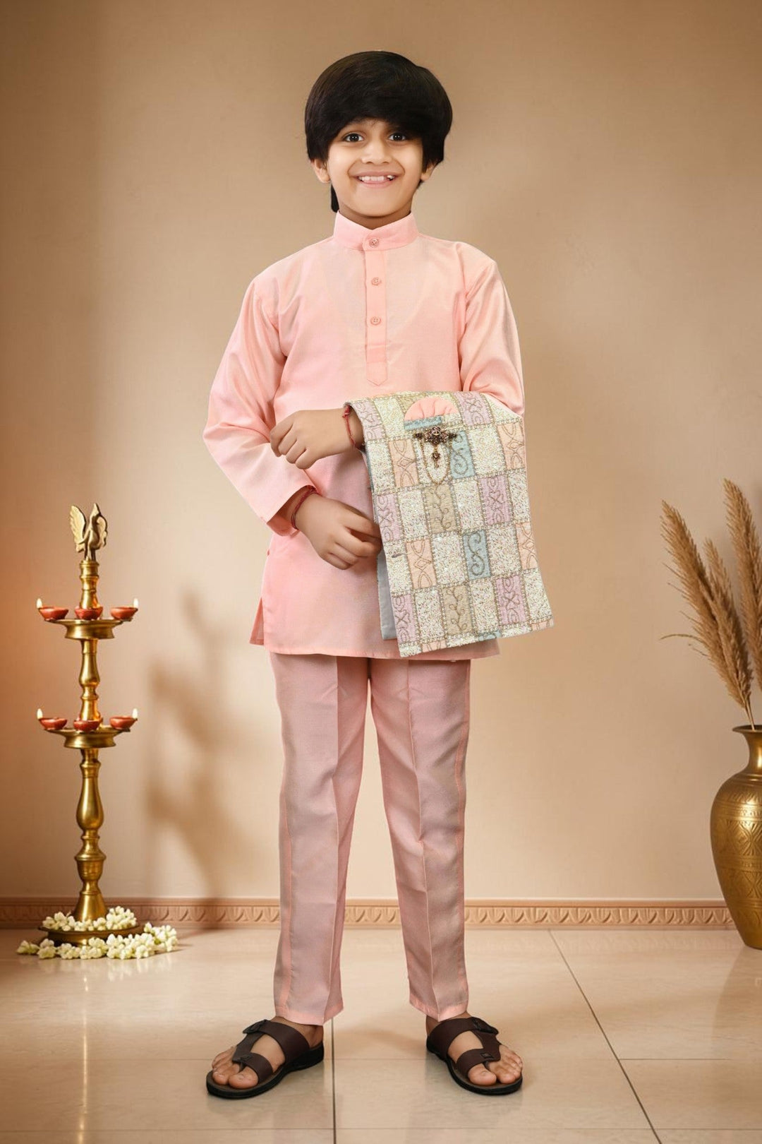Boys Cotton Silk Patchwork Embroidered Kurta Pyjama & Waistcoat Set - Blush Peach | SHOBITAM