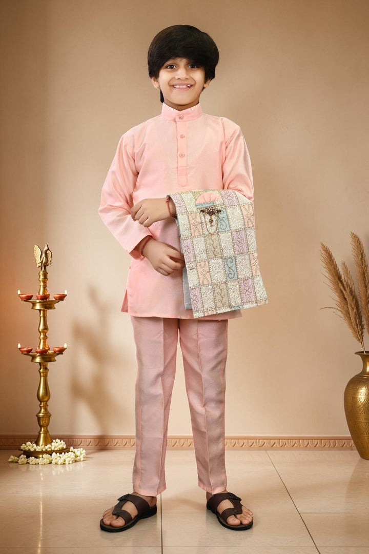 Boys Cotton Silk Patchwork Embroidered Kurta Pyjama & Waistcoat Set - Blush Peach | SHOBITAM