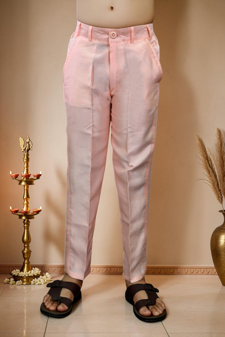 Boys Cotton Silk Patchwork Embroidered Kurta Pyjama & Waistcoat Set - Blush Peach | SHOBITAM