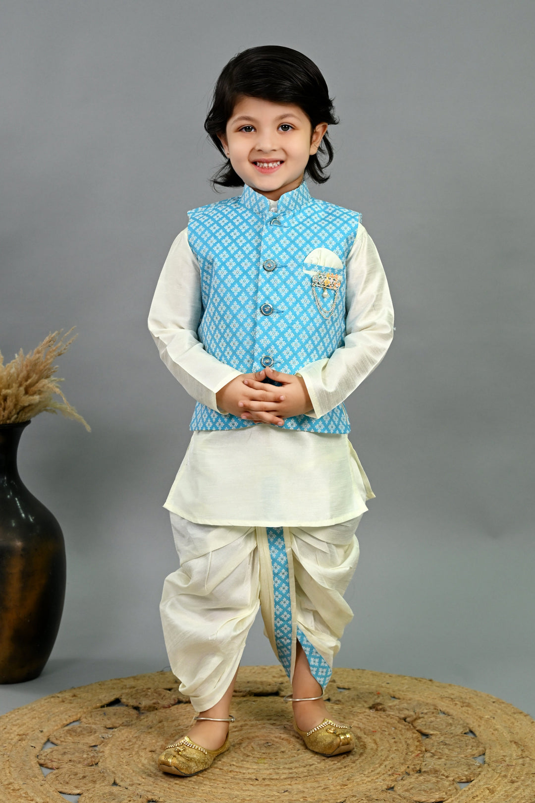 Boys Cotton Silk Brocade Diamond Motifs Kurta Dhoti Set with Waistcoat - Sky Blue & White | SHOBITAM