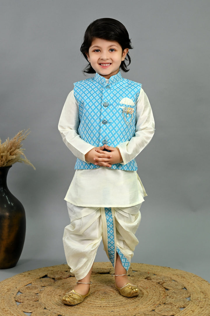 Boys Cotton Silk Brocade Diamond Motifs Kurta Dhoti Set with Waistcoat - Sky Blue & White | SHOBITAM