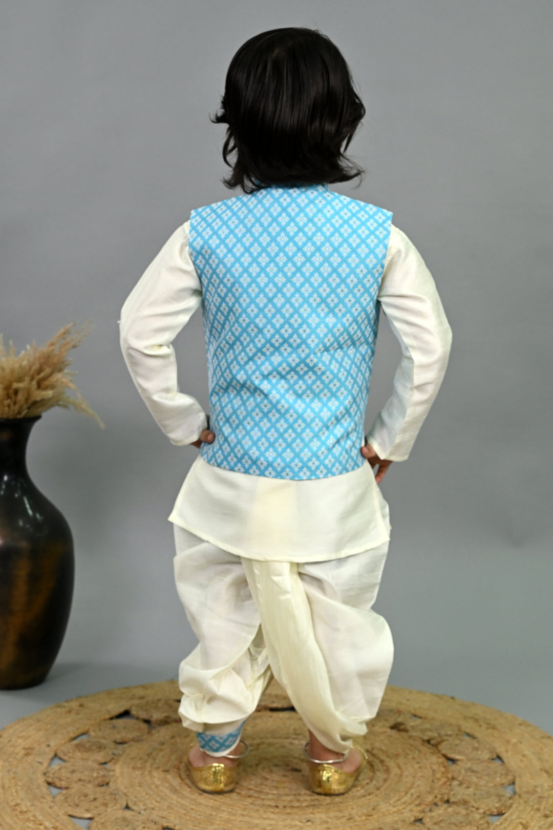 Boys Cotton Silk Brocade Diamond Motifs Kurta Dhoti Set with Waistcoat - Sky Blue & White | SHOBITAM