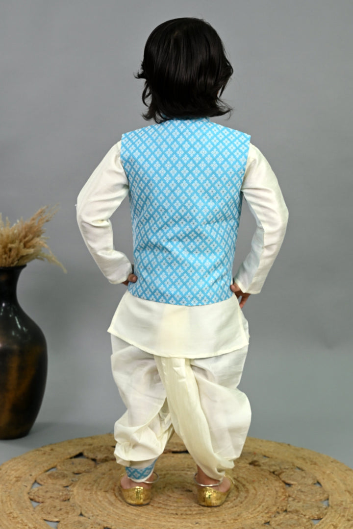 Boys Cotton Silk Brocade Diamond Motifs Kurta Dhoti Set with Waistcoat - Sky Blue & White | SHOBITAM