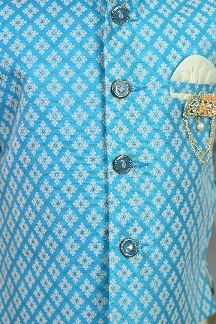 Boys Cotton Silk Brocade Diamond Motifs Kurta Dhoti Set with Waistcoat - Sky Blue & White | SHOBITAM