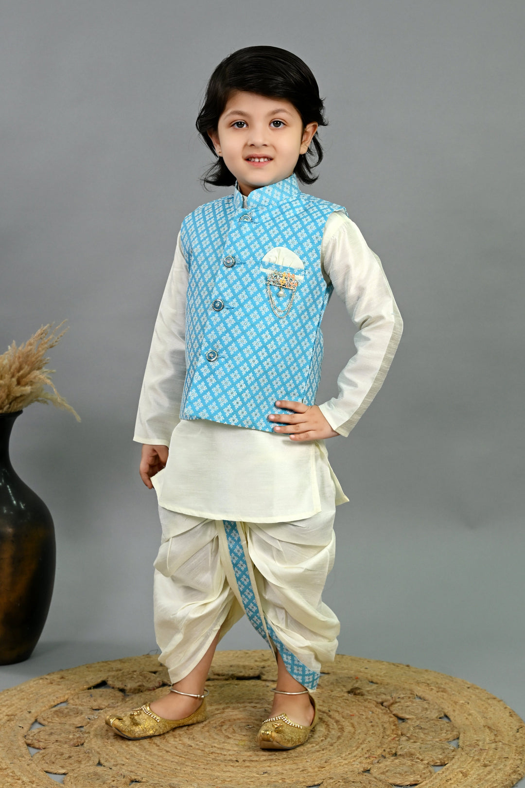 Boys Cotton Silk Brocade Diamond Motifs Kurta Dhoti Set with Waistcoat - Sky Blue & White | SHOBITAM