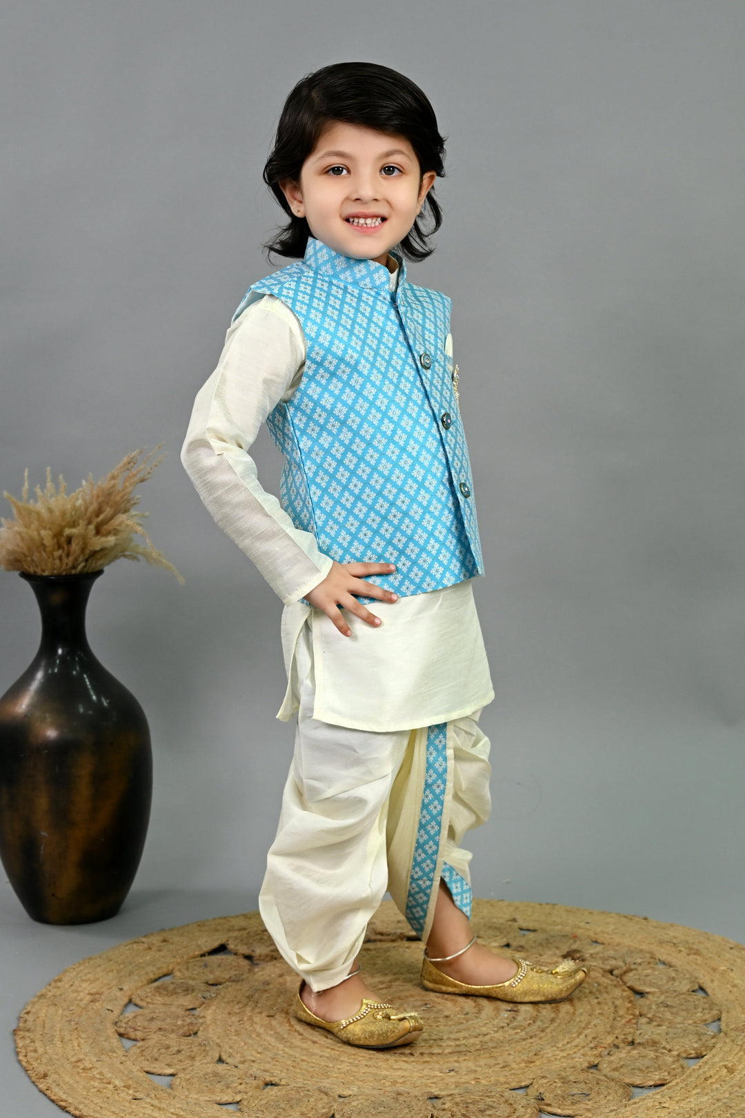 Boys Cotton Silk Brocade Diamond Motifs Kurta Dhoti Set with Waistcoat - Sky Blue & White | SHOBITAM