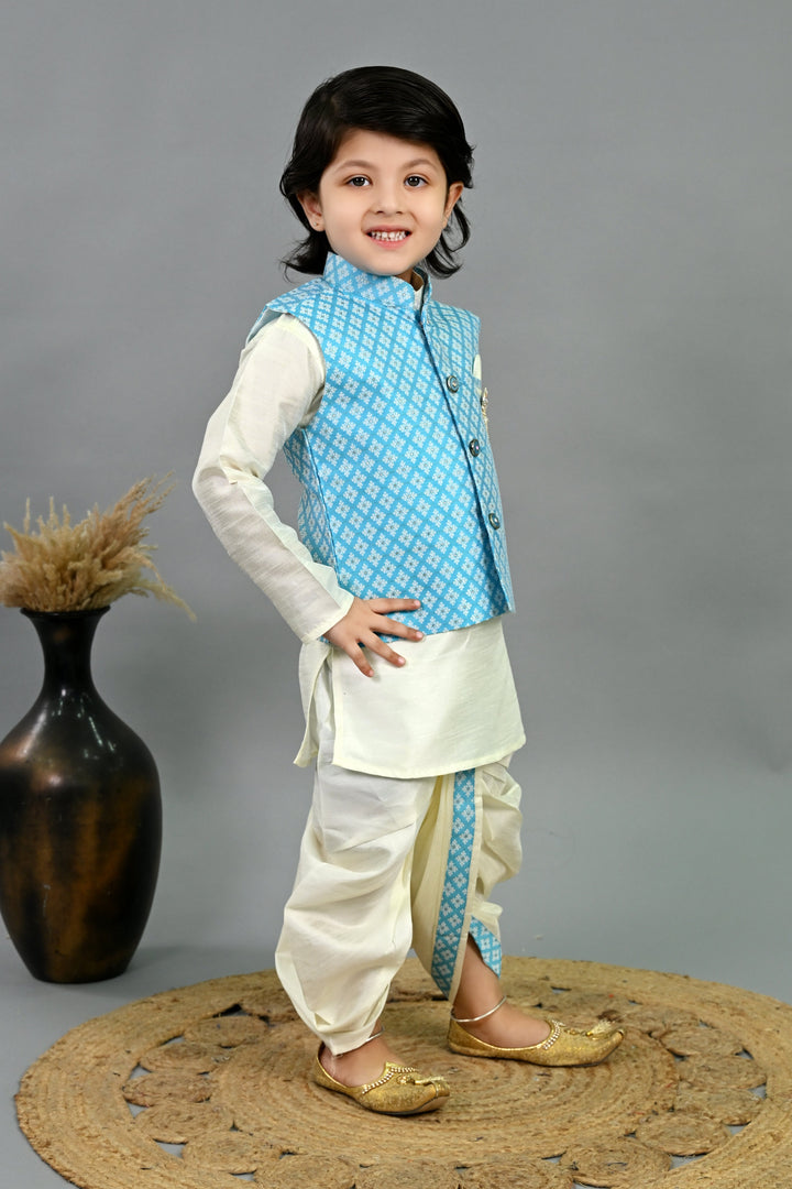 Boys Cotton Silk Brocade Diamond Motifs Kurta Dhoti Set with Waistcoat - Sky Blue & White | SHOBITAM