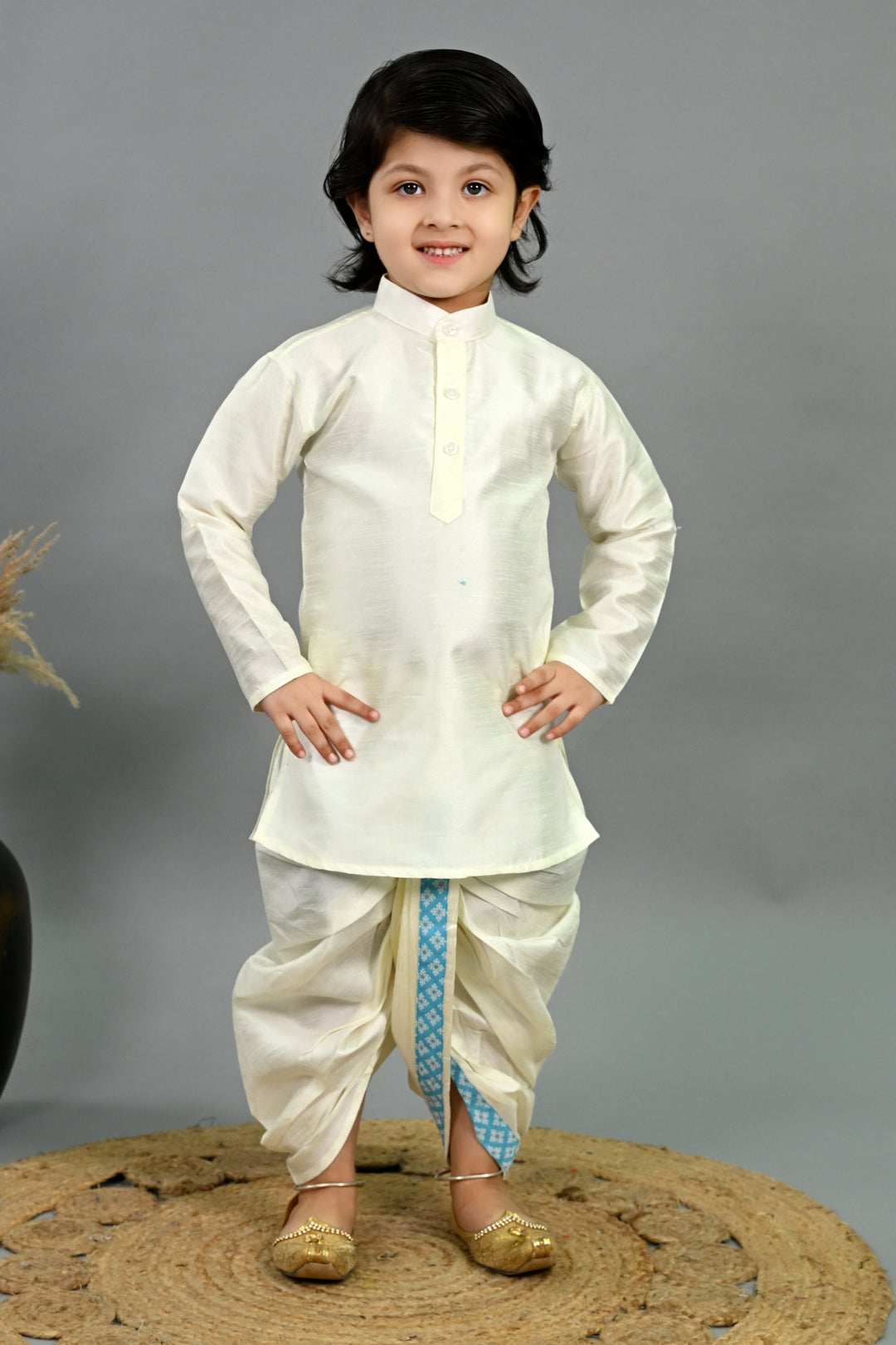 Boys Cotton Silk Brocade Diamond Motifs Kurta Dhoti Set with Waistcoat - Sky Blue & White | SHOBITAM
