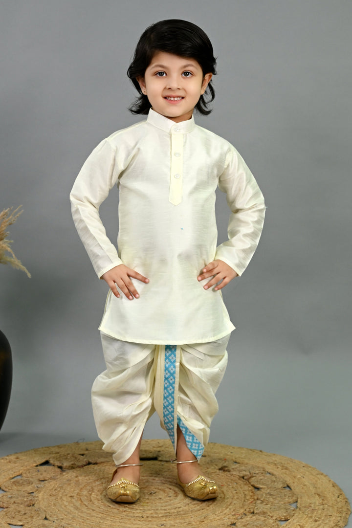 Boys Cotton Silk Brocade Diamond Motifs Kurta Dhoti Set with Waistcoat - Sky Blue & White | SHOBITAM