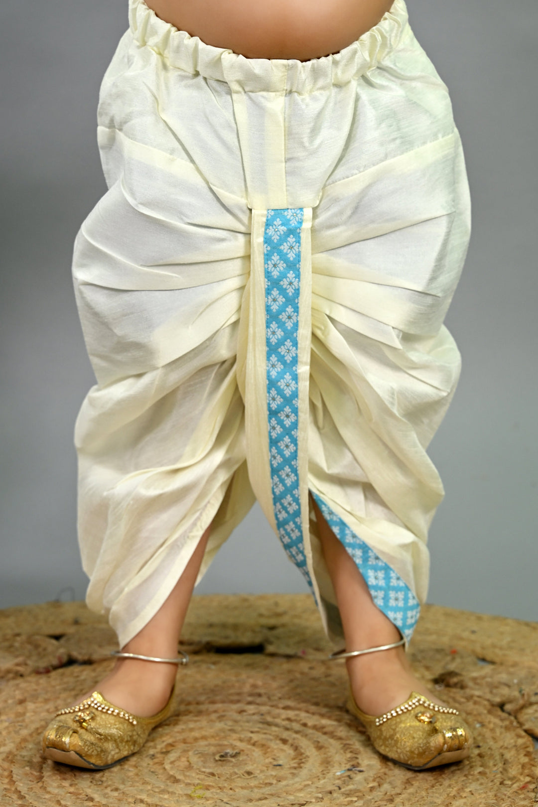 Boys Cotton Silk Brocade Diamond Motifs Kurta Dhoti Set with Waistcoat - Sky Blue & White | SHOBITAM