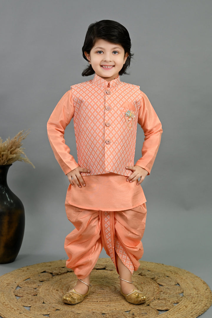 Boys Cotton Silk Brocade Diamond Motifs Kurta Dhoti Set with Waistcoat - Peach | SHOBITAM