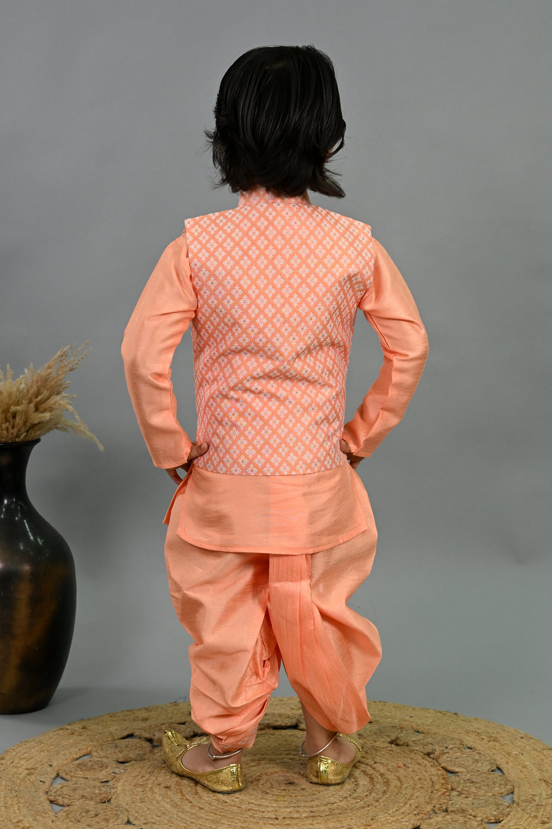 Boys Cotton Silk Brocade Diamond Motifs Kurta Dhoti Set with Waistcoat - Peach | SHOBITAM