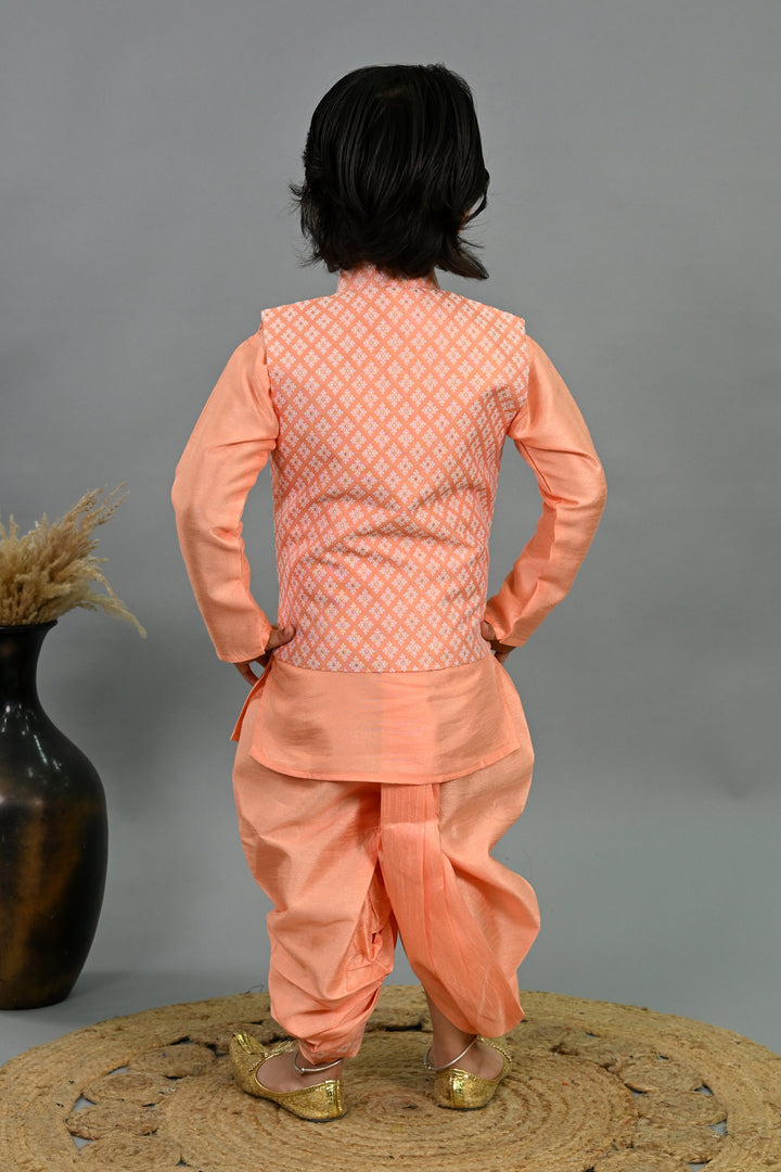 Boys Cotton Silk Brocade Diamond Motifs Kurta Dhoti Set with Waistcoat - Peach | SHOBITAM