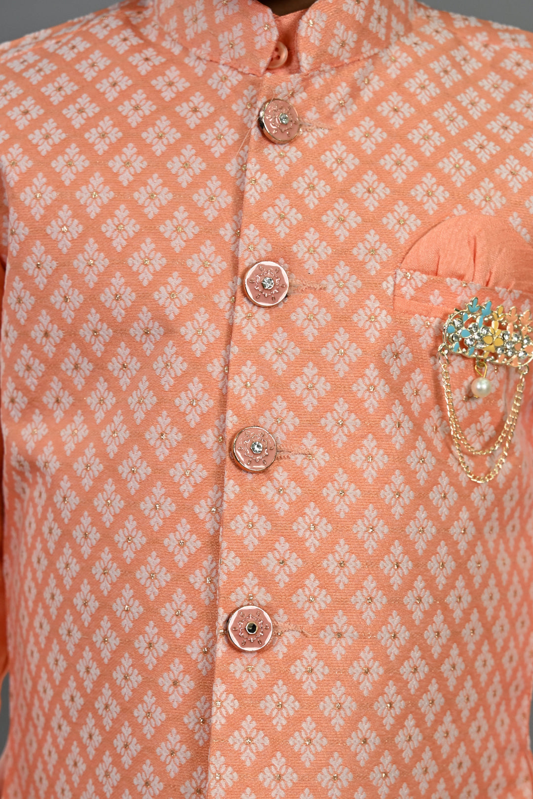 Boys Cotton Silk Brocade Diamond Motifs Kurta Dhoti Set with Waistcoat - Peach | SHOBITAM