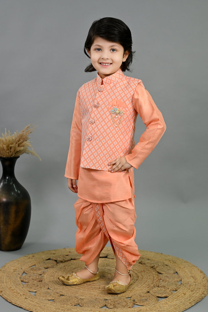 Boys Cotton Silk Brocade Diamond Motifs Kurta Dhoti Set with Waistcoat - Peach | SHOBITAM
