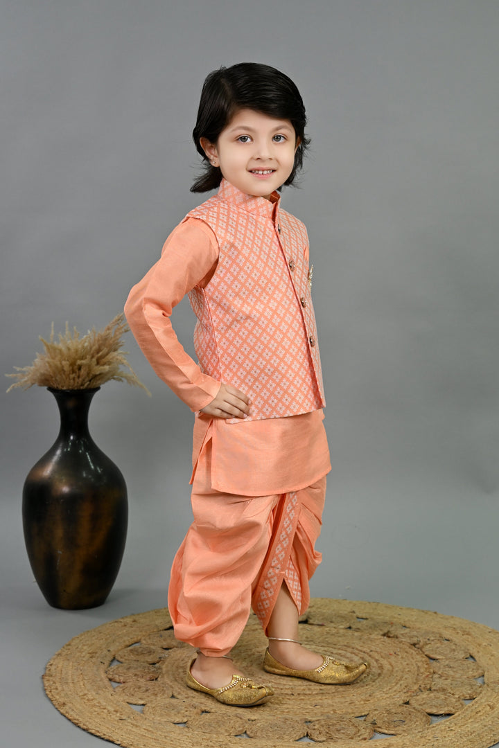 Boys Cotton Silk Brocade Diamond Motifs Kurta Dhoti Set with Waistcoat - Peach | SHOBITAM