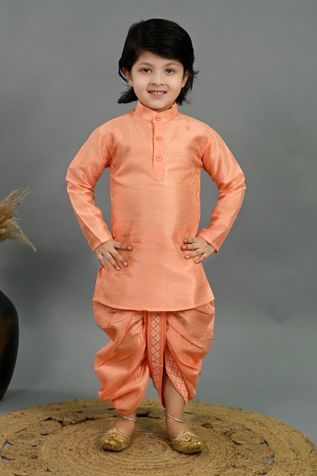 Boys Cotton Silk Brocade Diamond Motifs Kurta Dhoti Set with Waistcoat - Peach | SHOBITAM