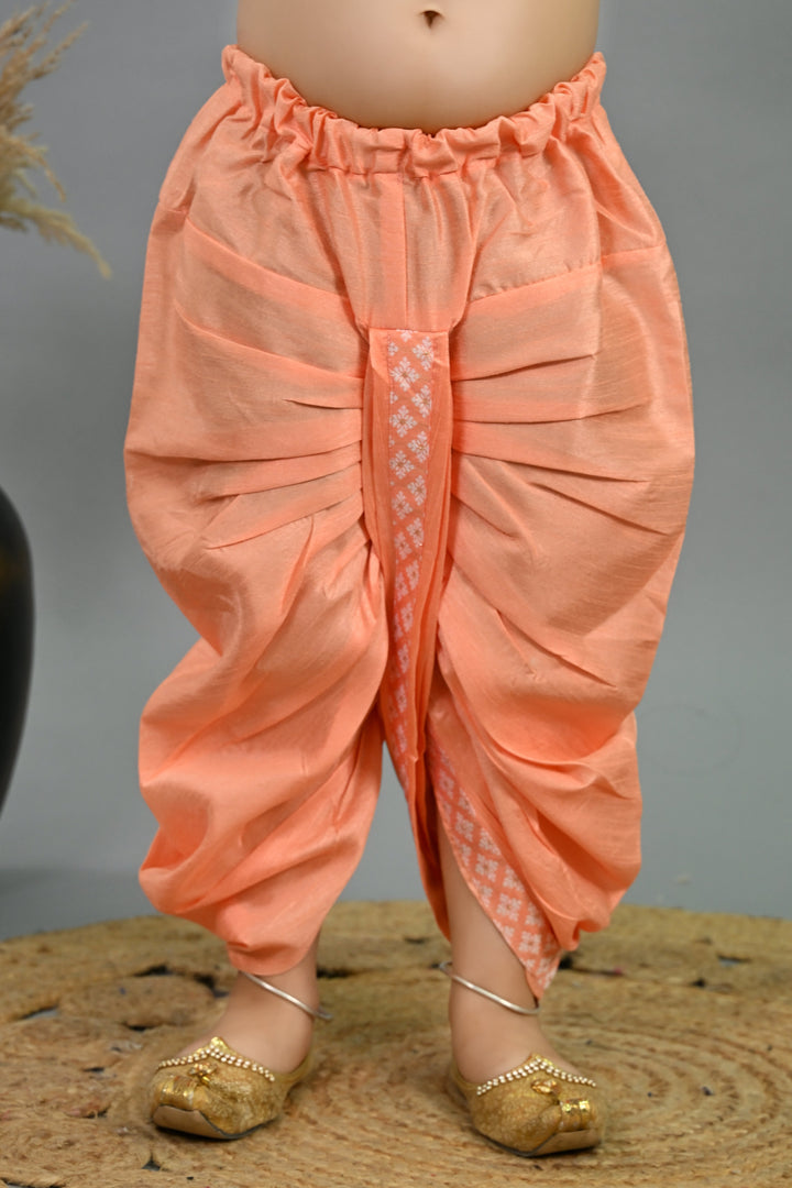 Boys Cotton Silk Brocade Diamond Motifs Kurta Dhoti Set with Waistcoat - Peach | SHOBITAM