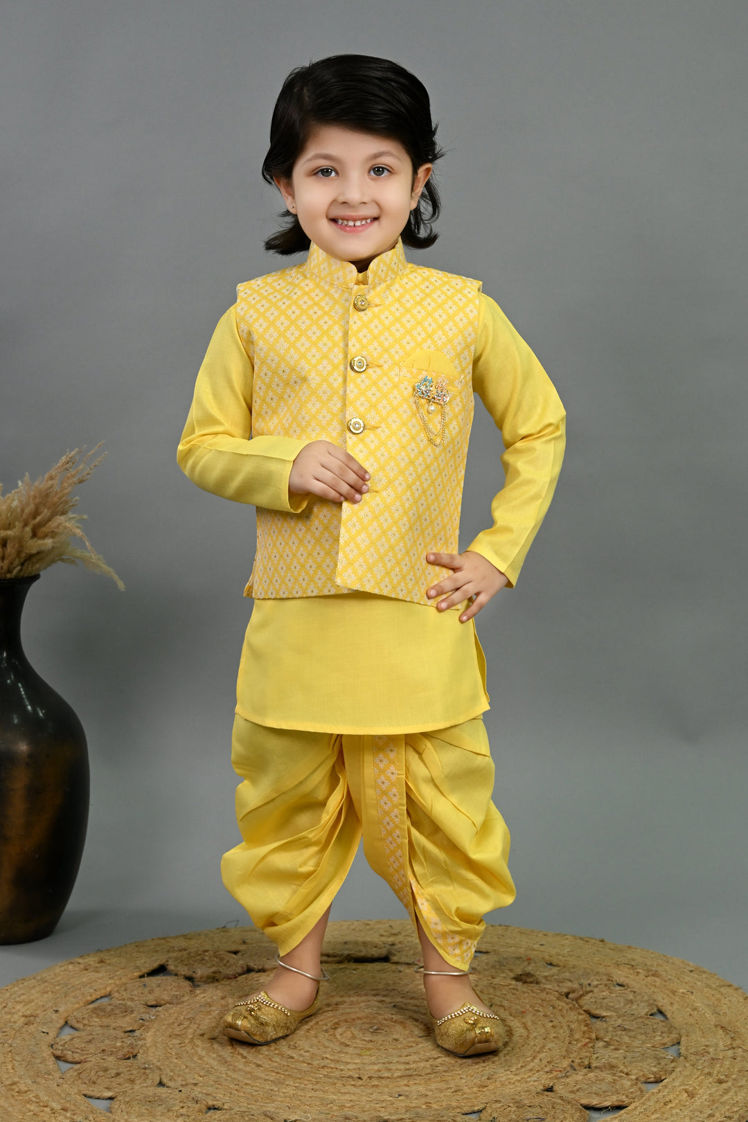 Boys Cotton Silk Brocade Diamond Motifs Kurta Dhoti Set with Waistcoat - Yellow | SHOBITAM