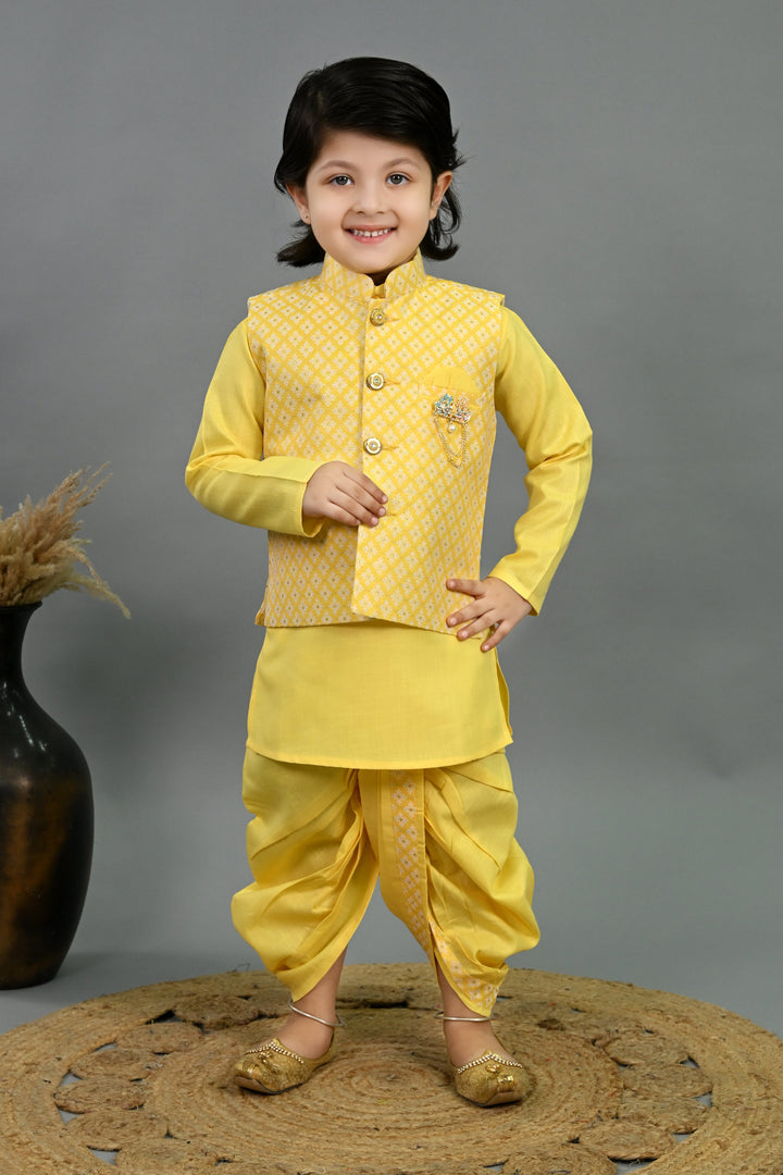 Boys Cotton Silk Brocade Diamond Motifs Kurta Dhoti Set with Waistcoat - Yellow | SHOBITAM