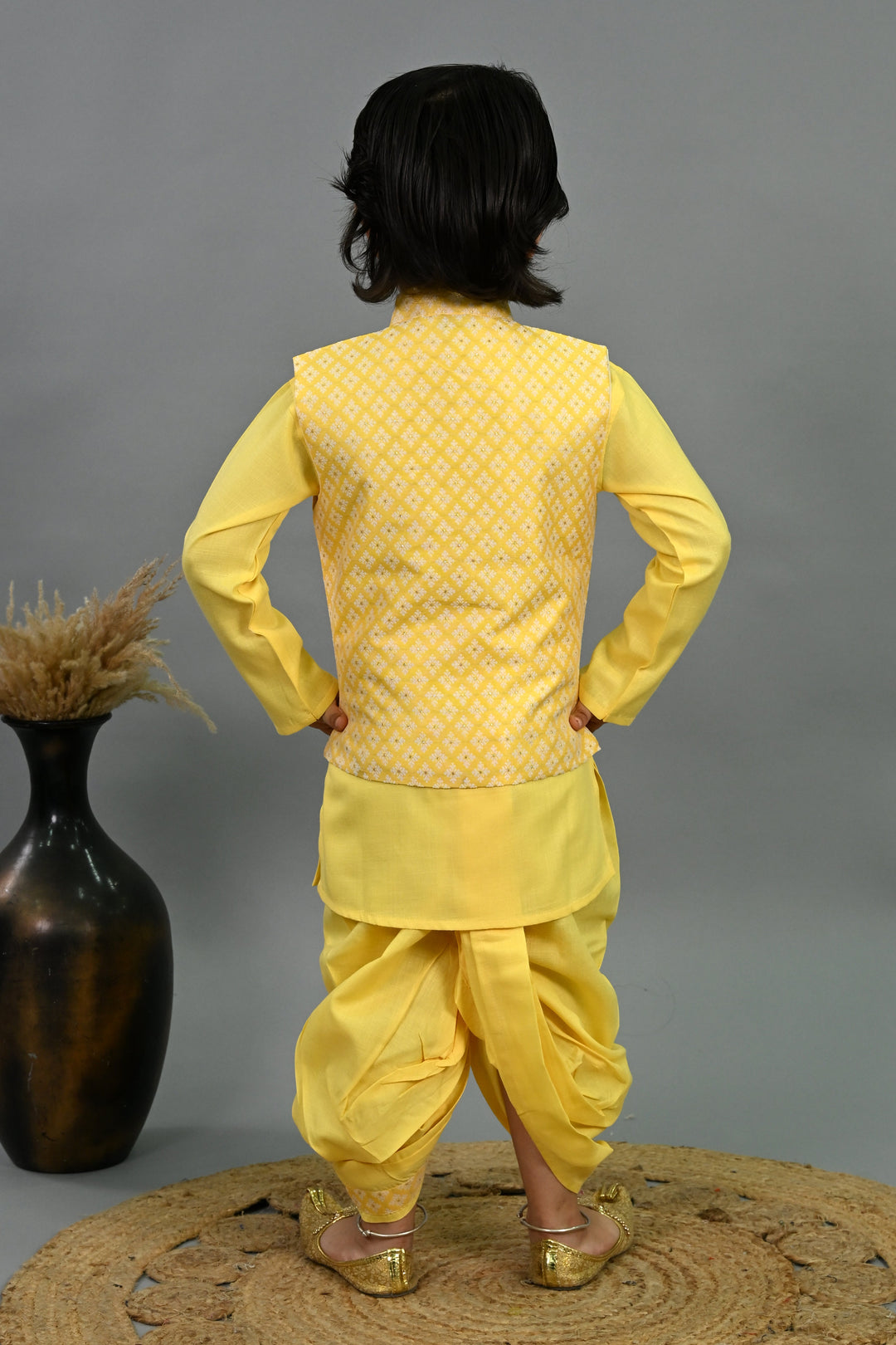 Boys Cotton Silk Brocade Diamond Motifs Kurta Dhoti Set with Waistcoat - Yellow | SHOBITAM