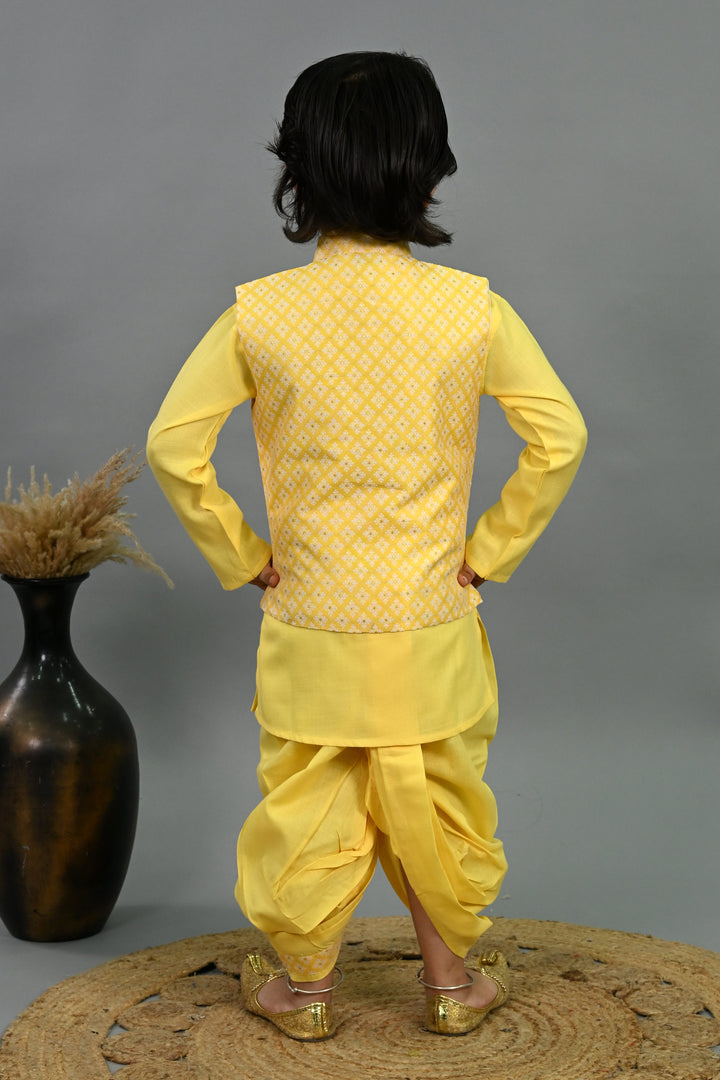 Boys Cotton Silk Brocade Diamond Motifs Kurta Dhoti Set with Waistcoat - Yellow | SHOBITAM