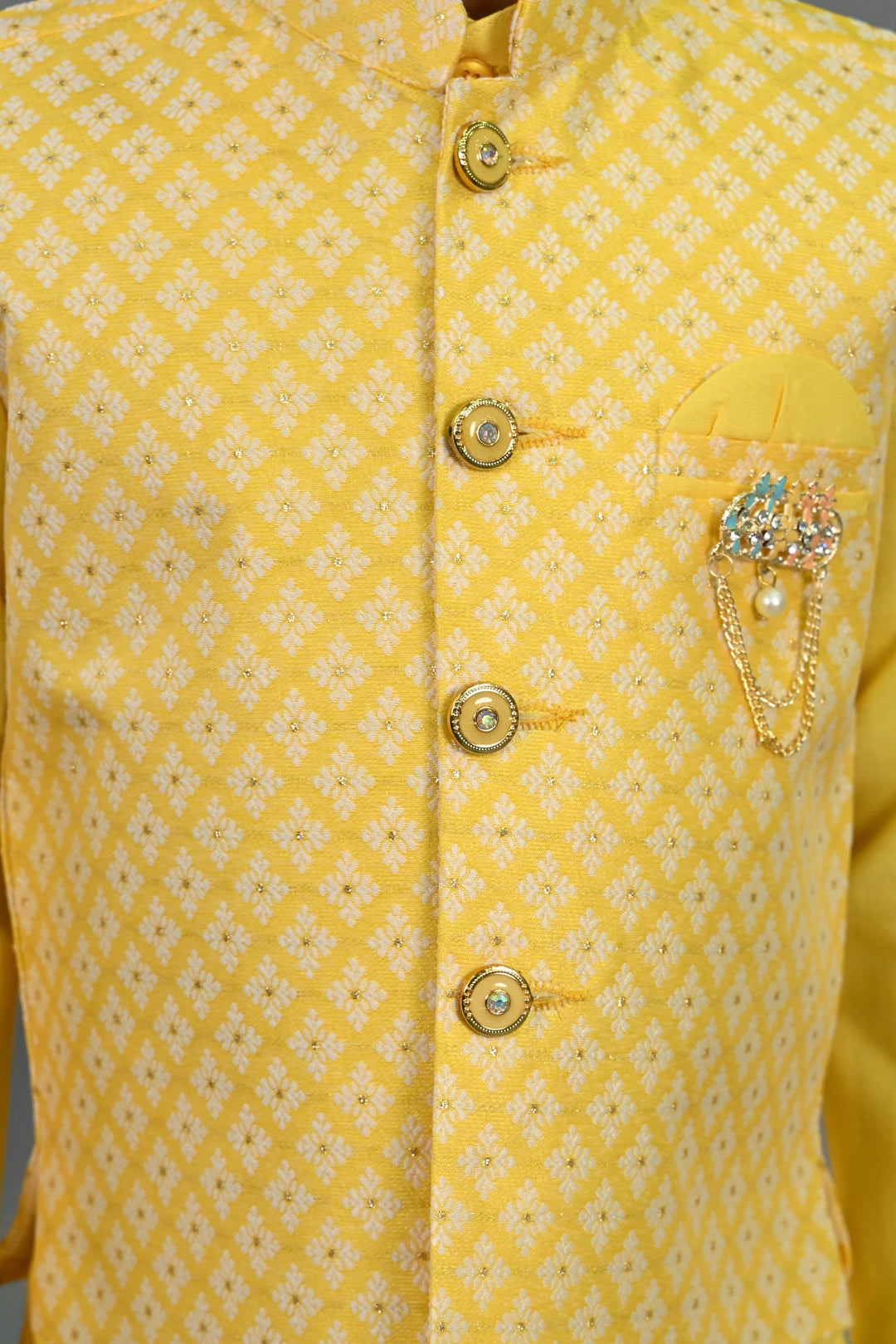 Boys Cotton Silk Brocade Diamond Motifs Kurta Dhoti Set with Waistcoat - Yellow | SHOBITAM