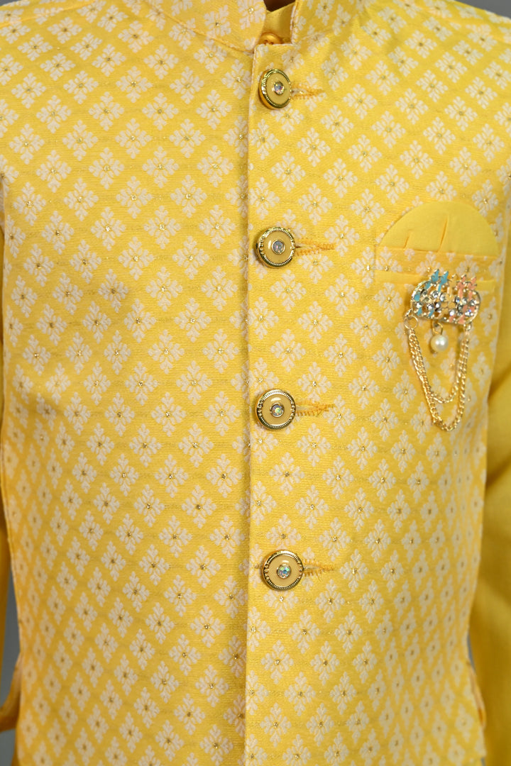 Boys Cotton Silk Brocade Diamond Motifs Kurta Dhoti Set with Waistcoat - Yellow | SHOBITAM