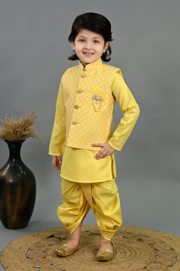 Boys Cotton Silk Brocade Diamond Motifs Kurta Dhoti Set with Waistcoat - Yellow | SHOBITAM