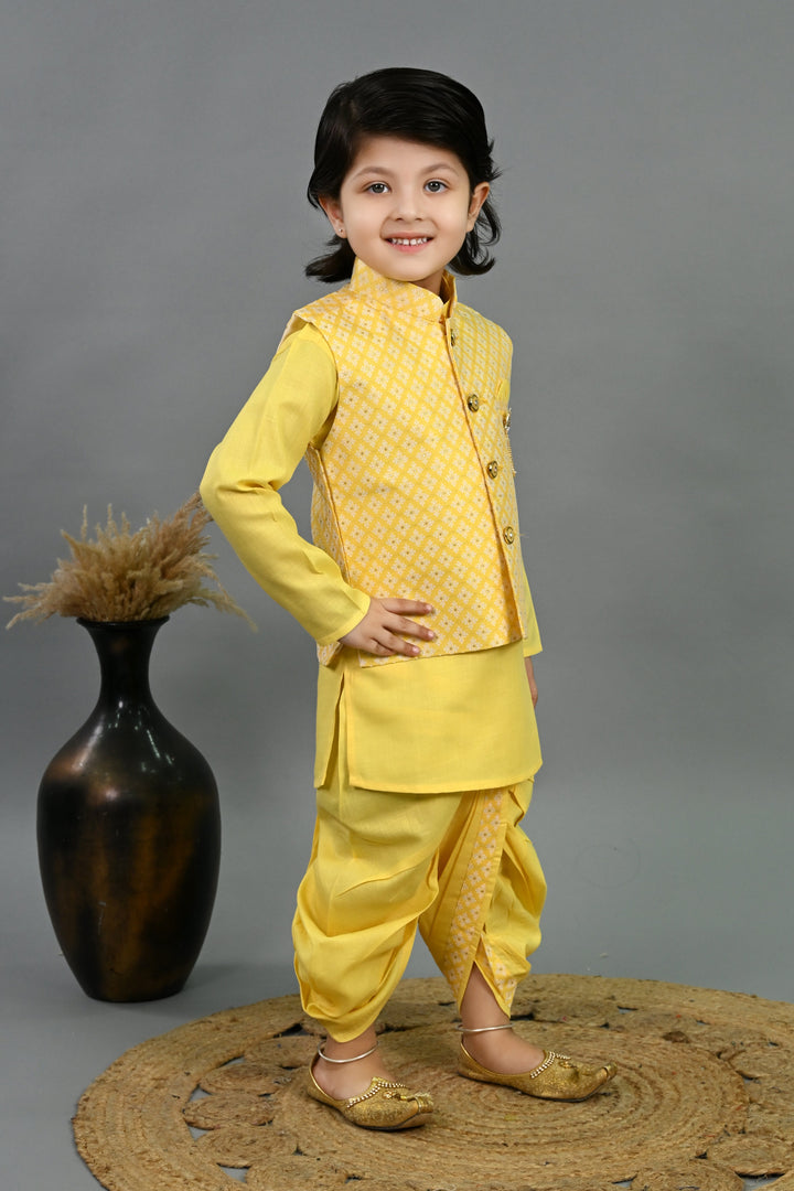 Boys Cotton Silk Brocade Diamond Motifs Kurta Dhoti Set with Waistcoat - Yellow | SHOBITAM