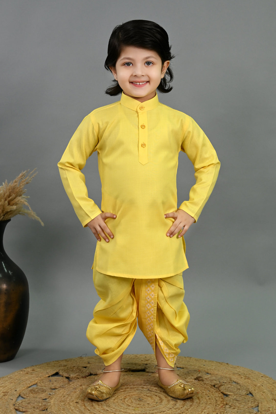 Boys Cotton Silk Brocade Diamond Motifs Kurta Dhoti Set with Waistcoat - Yellow | SHOBITAM
