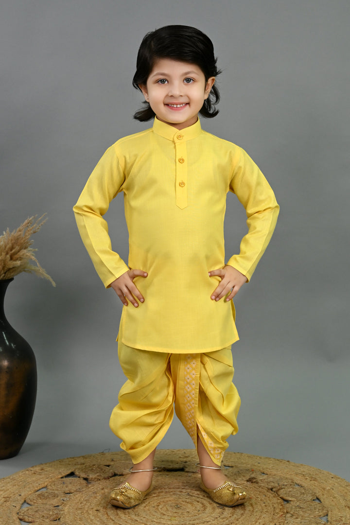 Boys Cotton Silk Brocade Diamond Motifs Kurta Dhoti Set with Waistcoat - Yellow | SHOBITAM