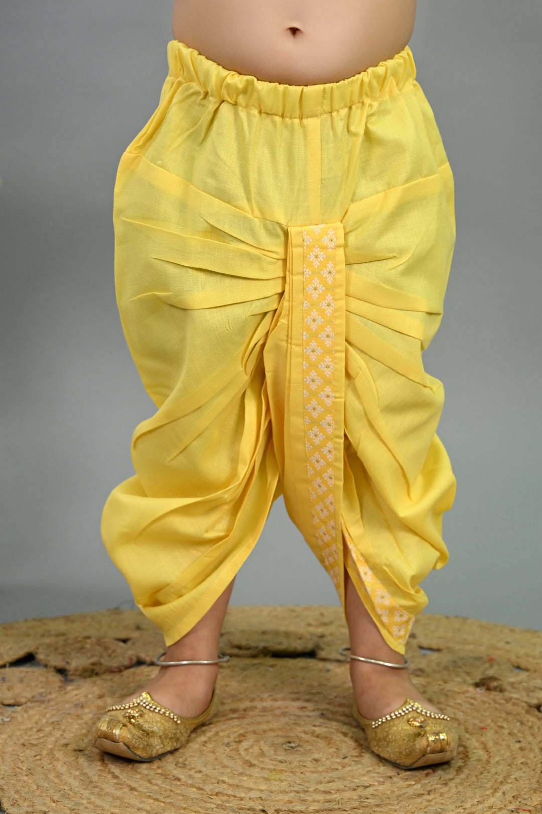 Boys Cotton Silk Brocade Diamond Motifs Kurta Dhoti Set with Waistcoat - Yellow | SHOBITAM
