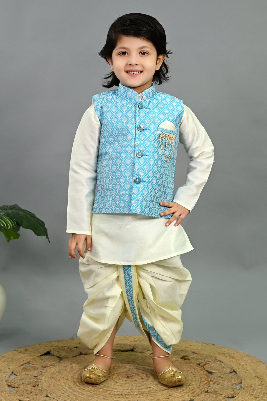 Boys Cotton Silk Geometric Buti Motifs Kurta & Dhoti Set with Waistcoat - Sky Blue & White | SHOBITAM