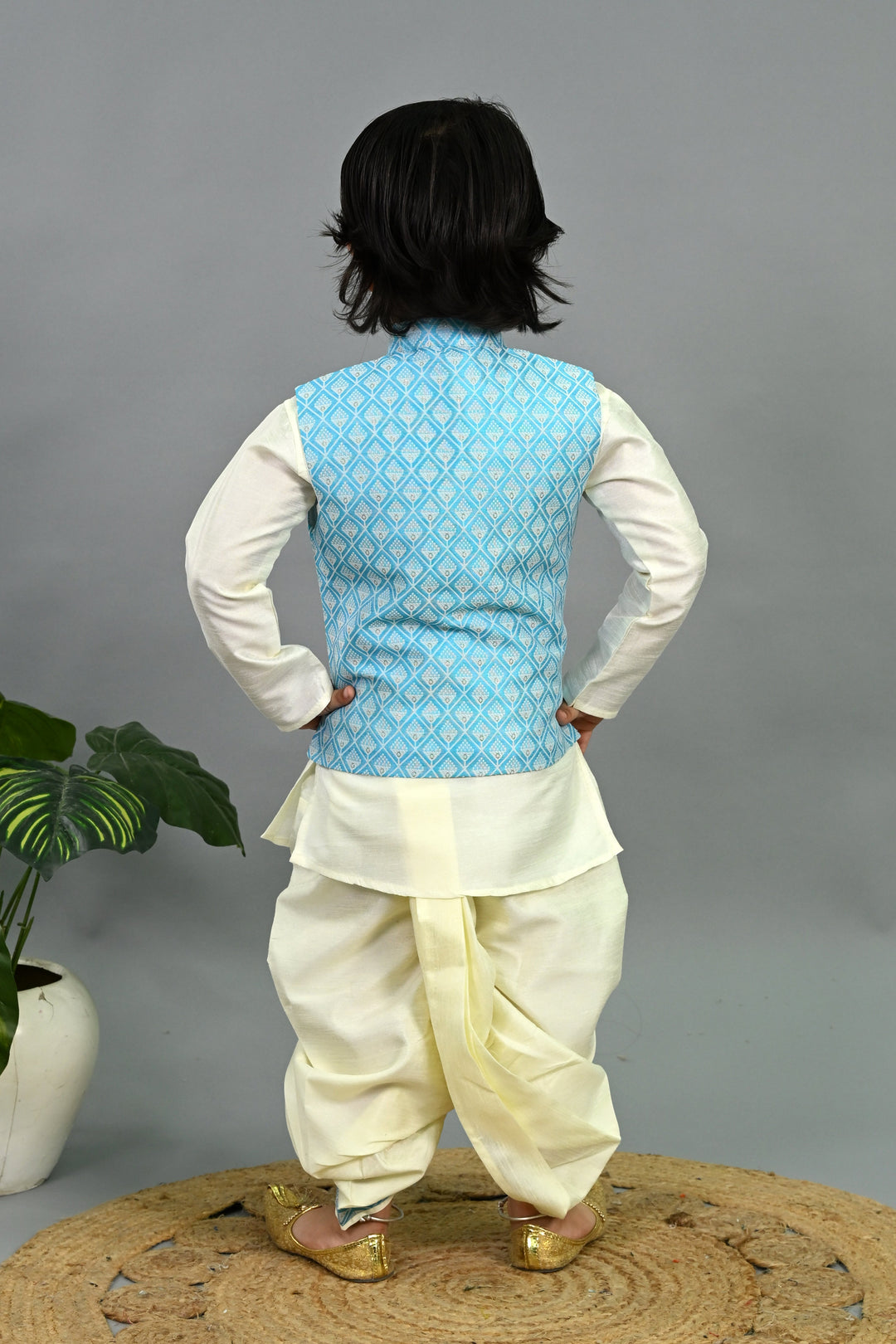 Boys Cotton Silk Geometric Buti Motifs Kurta & Dhoti Set with Waistcoat - Sky Blue & White | SHOBITAM