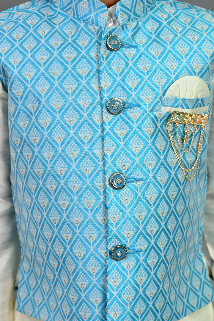 Boys Cotton Silk Geometric Buti Motifs Kurta & Dhoti Set with Waistcoat - Sky Blue & White | SHOBITAM