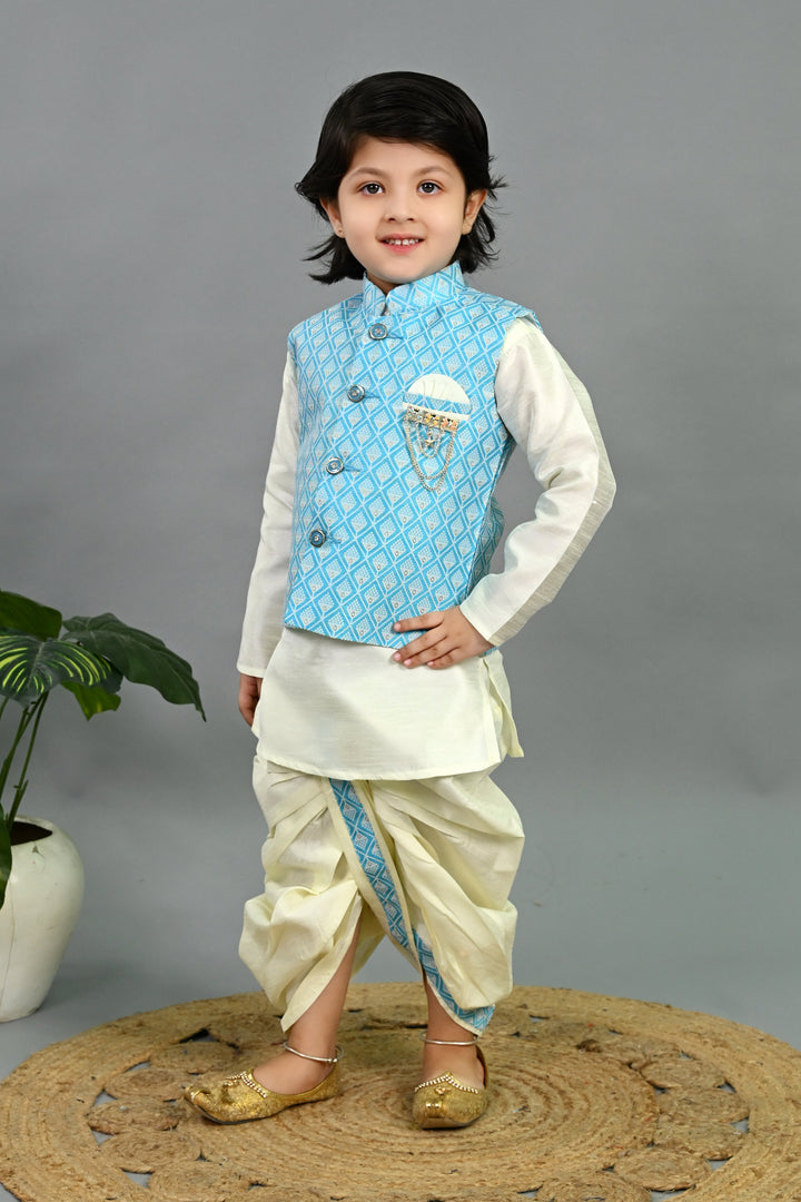 Boys Cotton Silk Geometric Buti Motifs Kurta & Dhoti Set with Waistcoat - Sky Blue & White | SHOBITAM