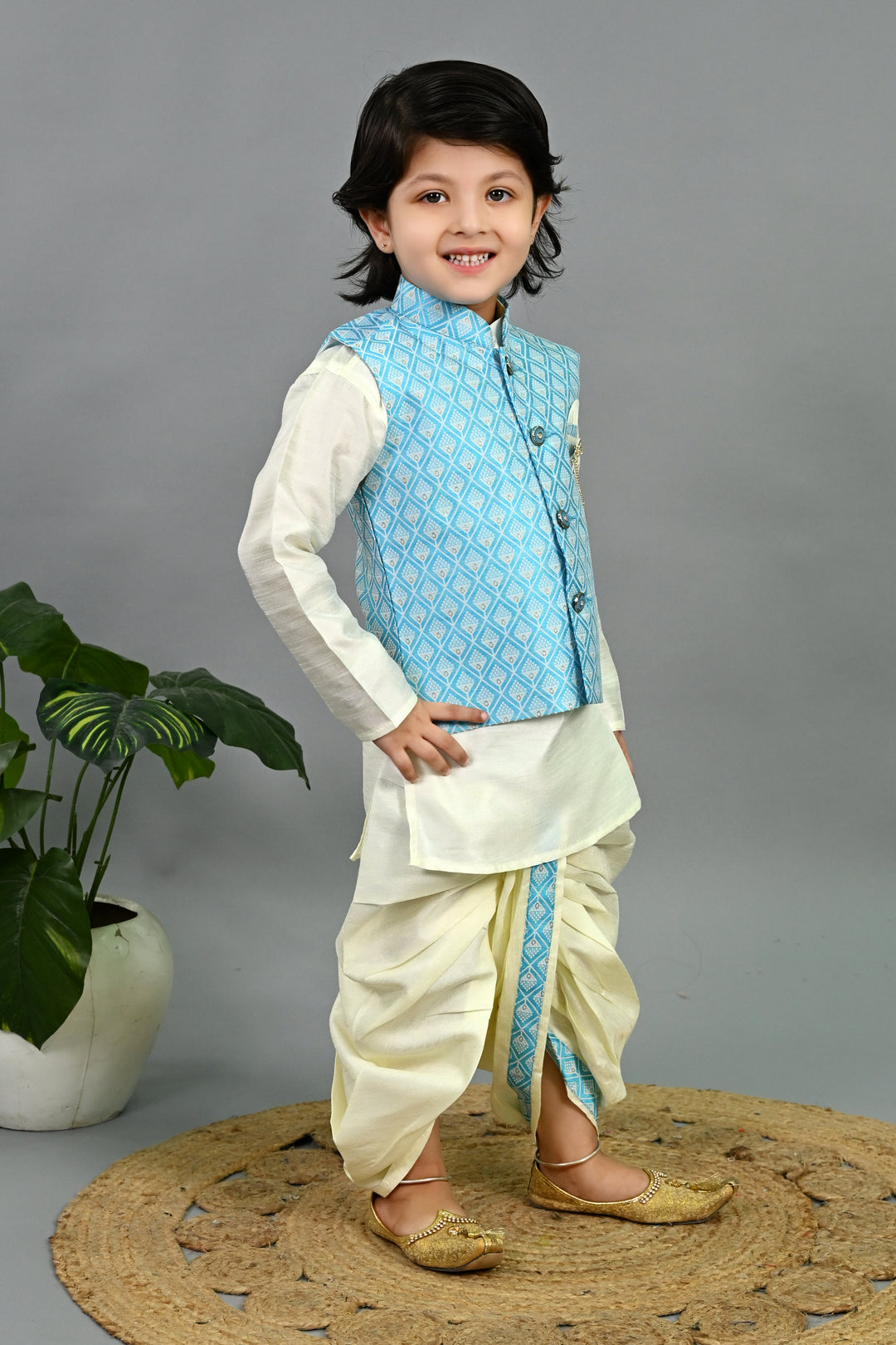 Boys Cotton Silk Geometric Buti Motifs Kurta & Dhoti Set with Waistcoat - Sky Blue & White | SHOBITAM