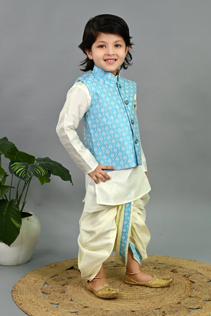 Boys Cotton Silk Geometric Buti Motifs Kurta & Dhoti Set with Waistcoat - Sky Blue & White | SHOBITAM