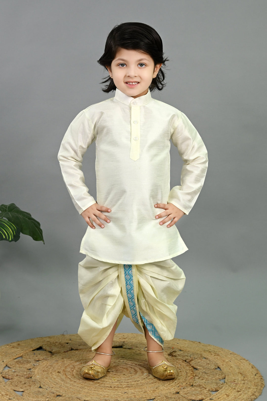 Boys Cotton Silk Geometric Buti Motifs Kurta & Dhoti Set with Waistcoat - Sky Blue & White | SHOBITAM