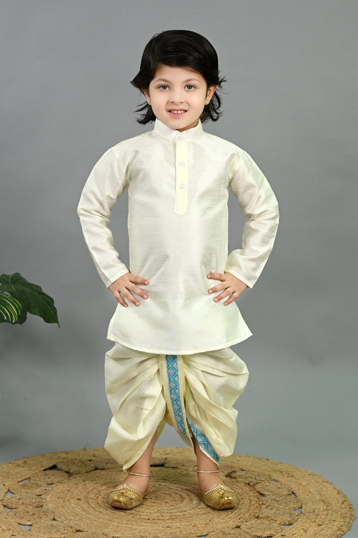 Boys Cotton Silk Geometric Buti Motifs Kurta & Dhoti Set with Waistcoat - Sky Blue & White | SHOBITAM