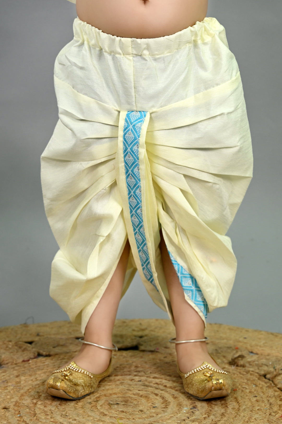 Boys Cotton Silk Geometric Buti Motifs Kurta & Dhoti Set with Waistcoat - Sky Blue & White | SHOBITAM