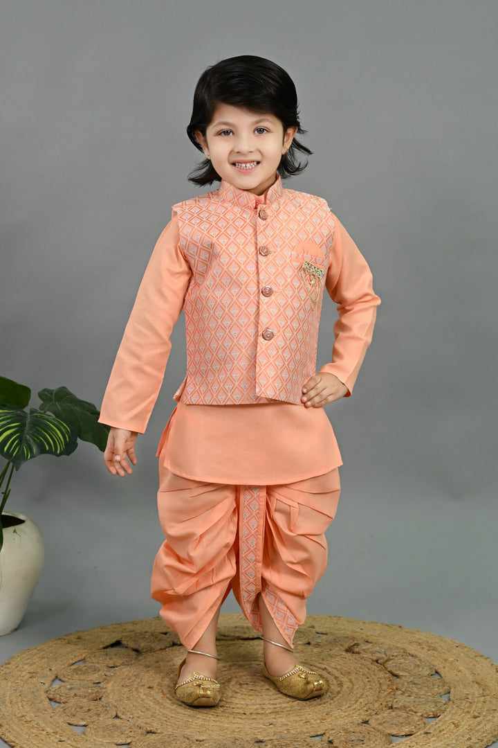 Boys Cotton Silk Geometric Buti Motifs Kurta & Dhoti Set with Waistcoat - Peach | SHOBITAM