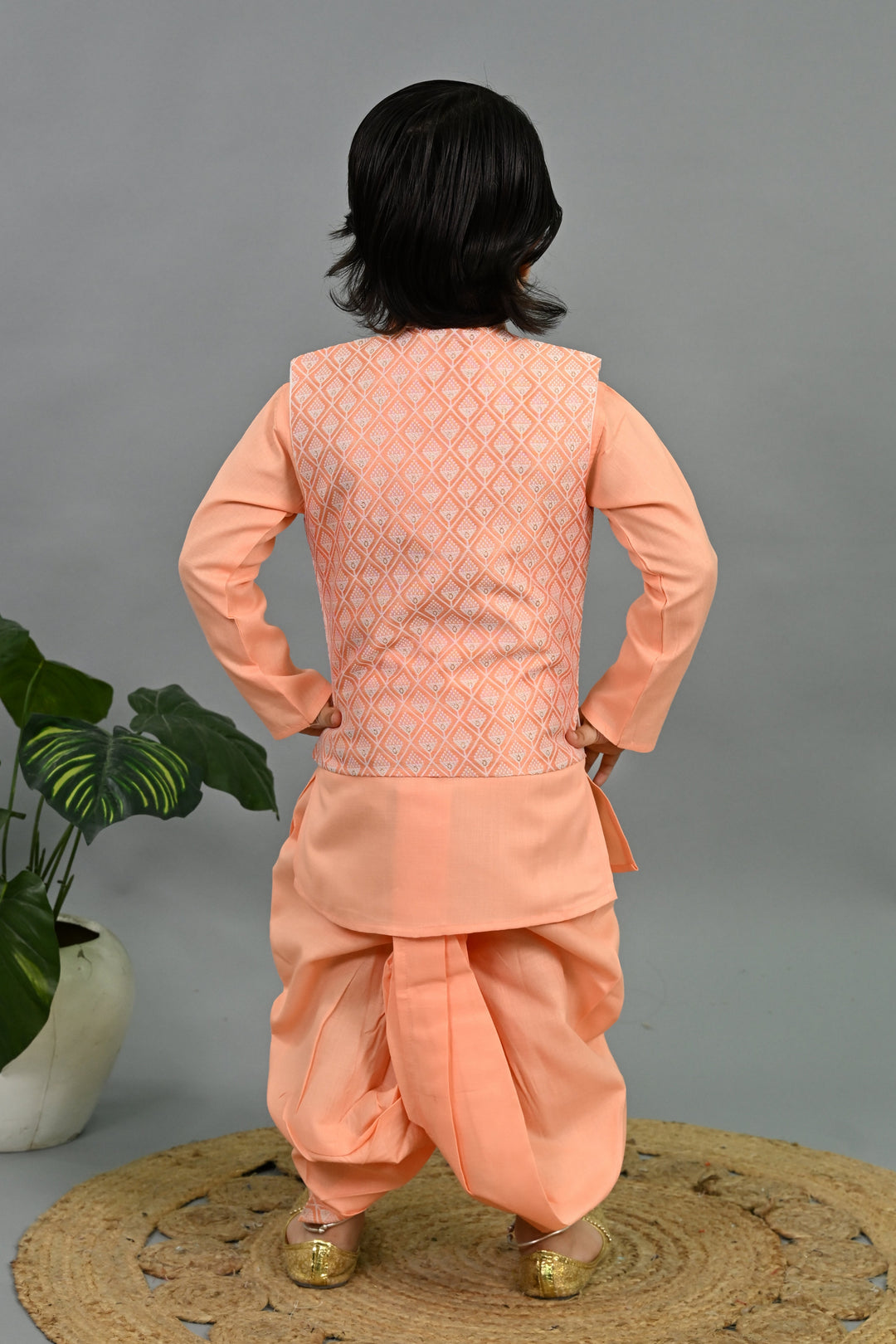 Boys Cotton Silk Geometric Buti Motifs Kurta & Dhoti Set with Waistcoat - Peach | SHOBITAM