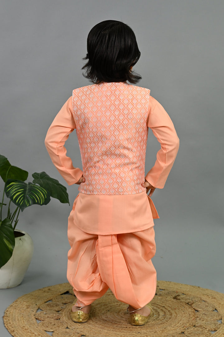 Boys Cotton Silk Geometric Buti Motifs Kurta & Dhoti Set with Waistcoat - Peach | SHOBITAM
