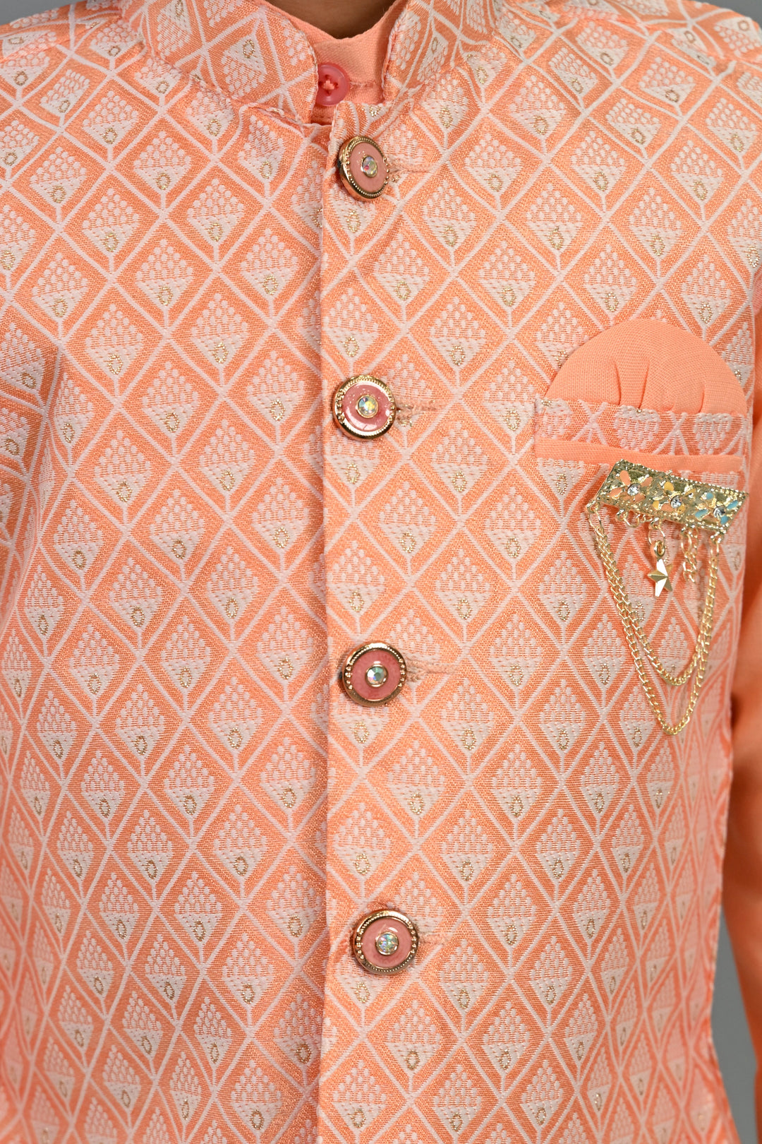Boys Cotton Silk Geometric Buti Motifs Kurta & Dhoti Set with Waistcoat - Peach | SHOBITAM