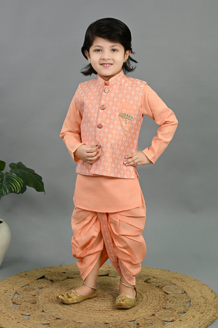 Boys Cotton Silk Geometric Buti Motifs Kurta & Dhoti Set with Waistcoat - Peach | SHOBITAM
