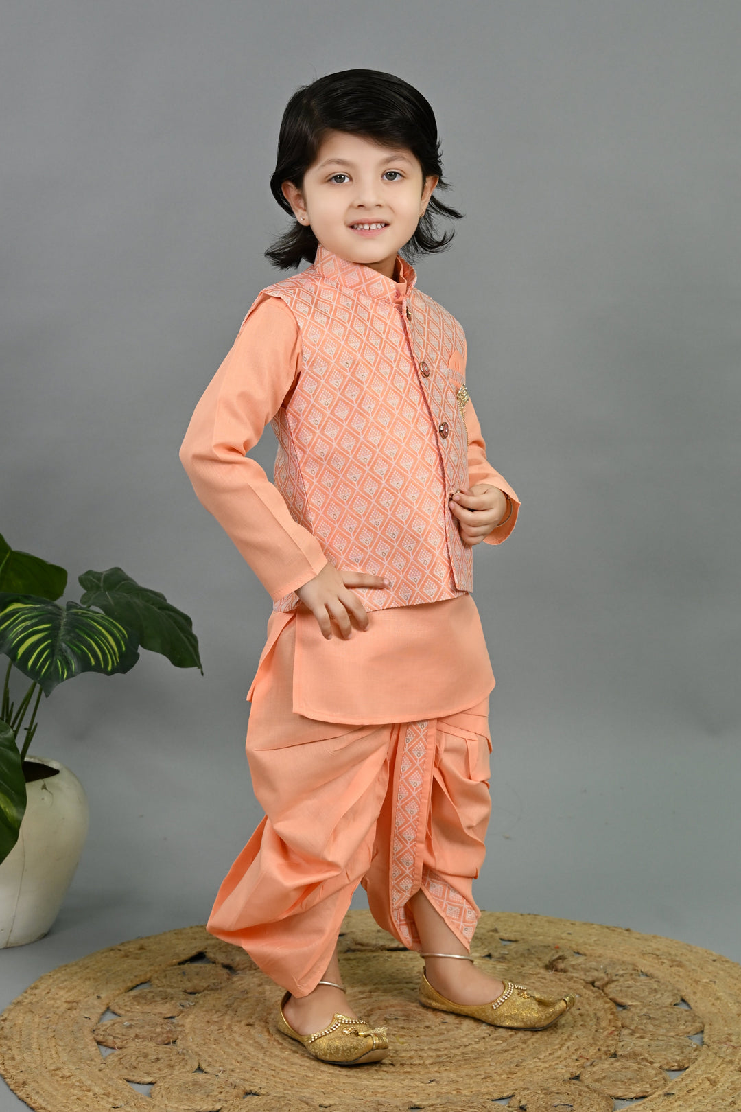 Boys Cotton Silk Geometric Buti Motifs Kurta & Dhoti Set with Waistcoat - Peach | SHOBITAM