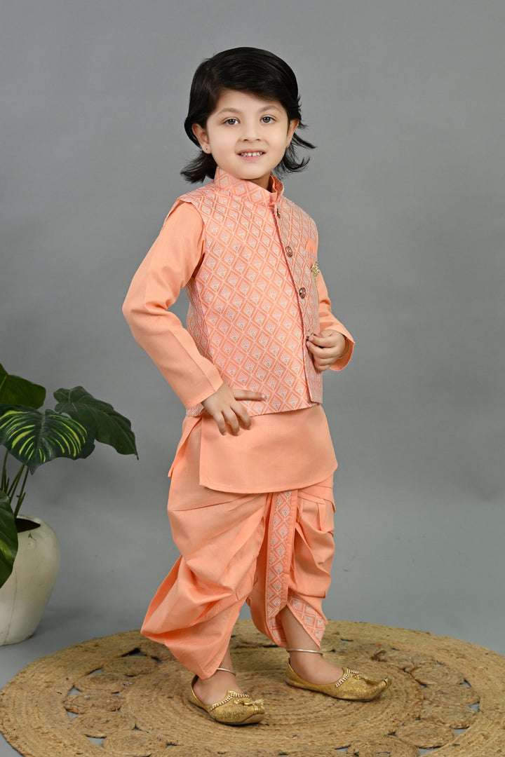 Boys Cotton Silk Geometric Buti Motifs Kurta & Dhoti Set with Waistcoat - Peach | SHOBITAM