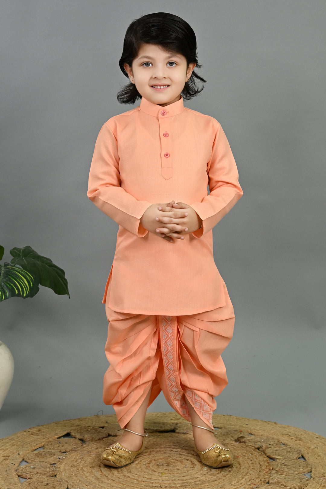 Boys Cotton Silk Geometric Buti Motifs Kurta & Dhoti Set with Waistcoat - Peach | SHOBITAM